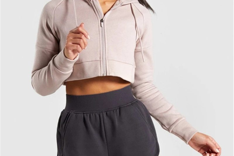 Long sleeve solid casual cropped zip hoodies (3)