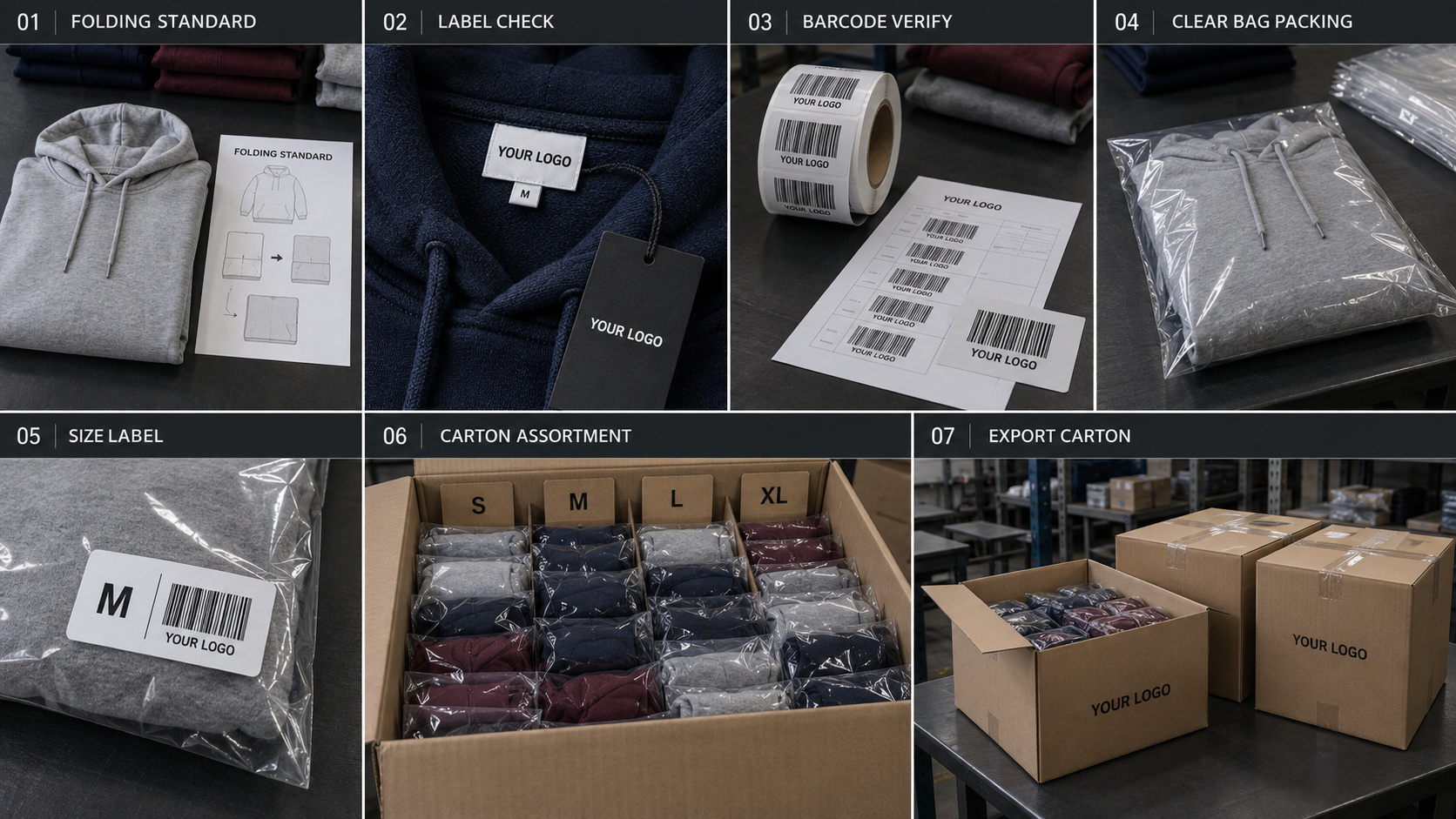 Bulk hoodie packing and export carton workflow