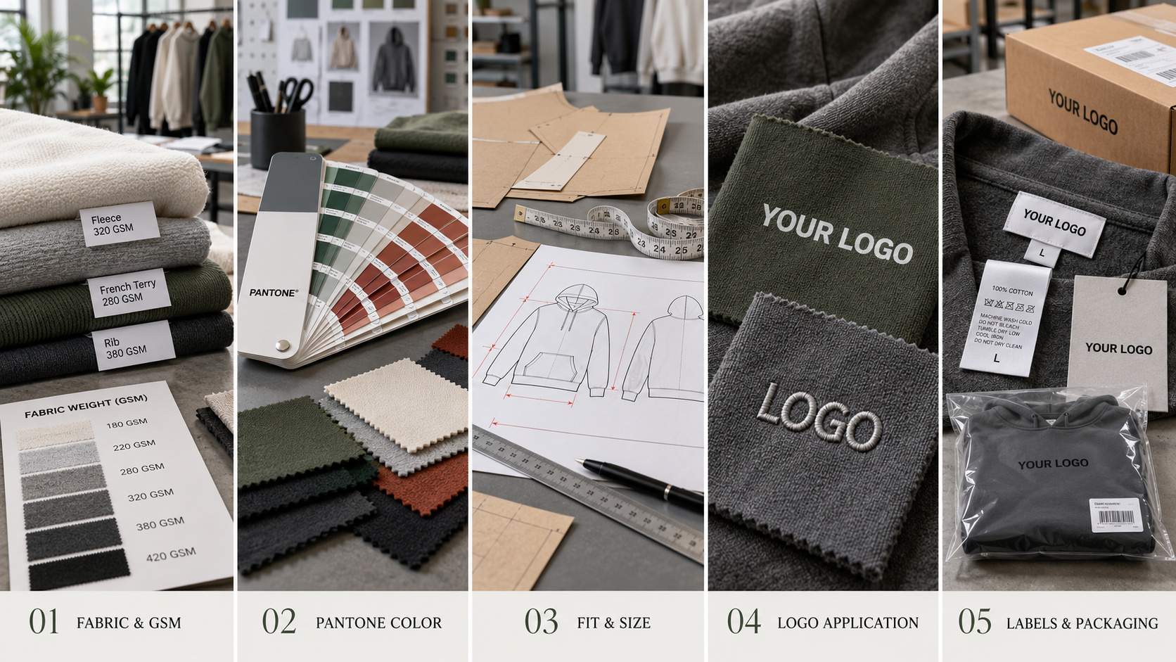 Custom OEM hoodie development process for fabric, color, fit, logo and packaging.