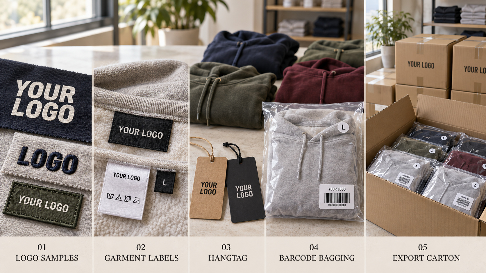 Custom hoodie branding details and export packaging options.