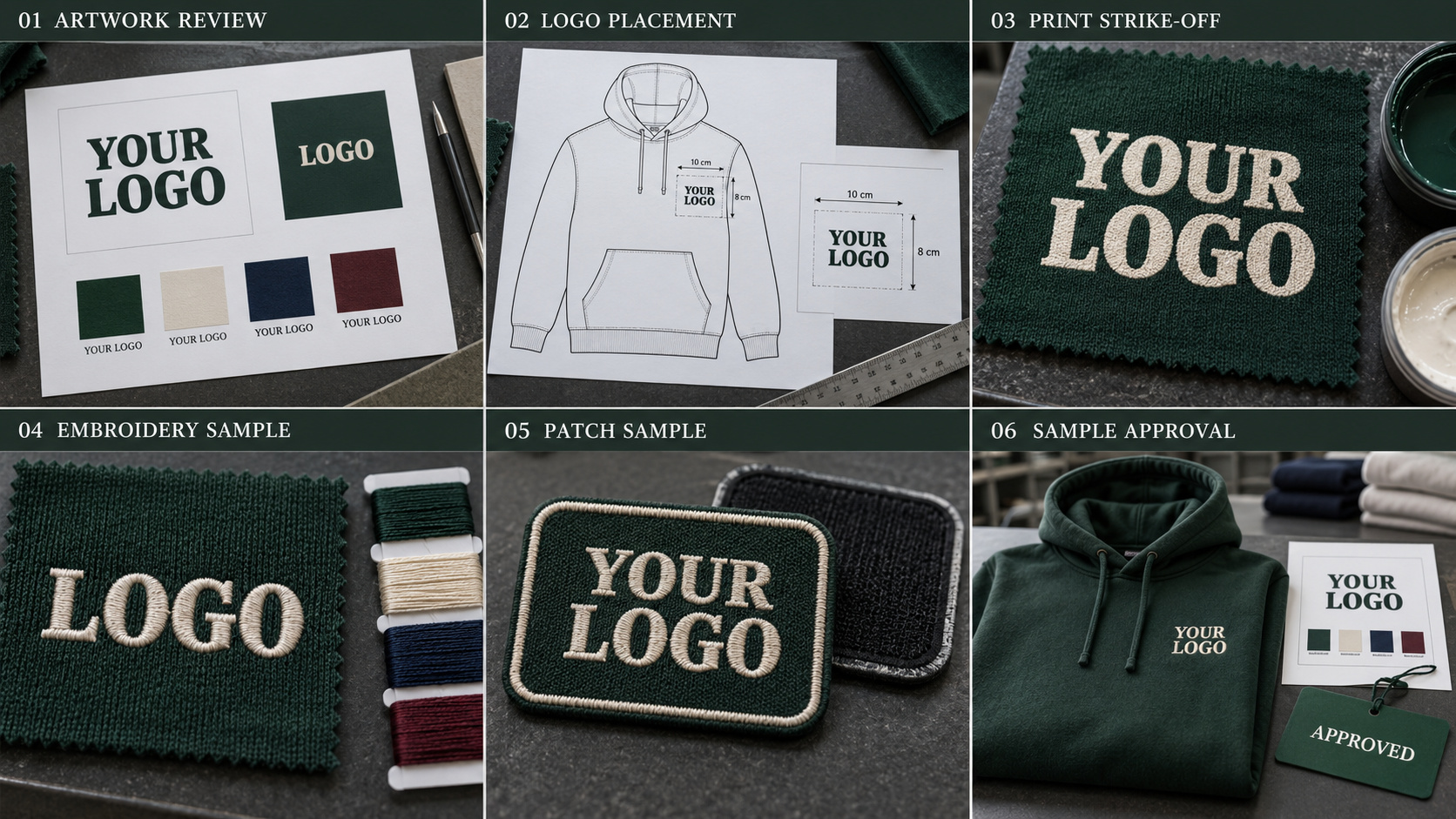 Custom hoodie logo application and approval workflow.