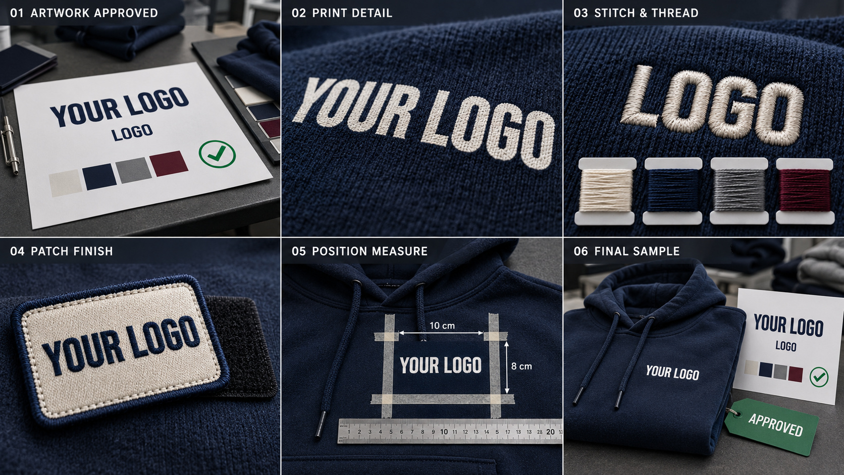 Custom hoodie logo quality inspection process.