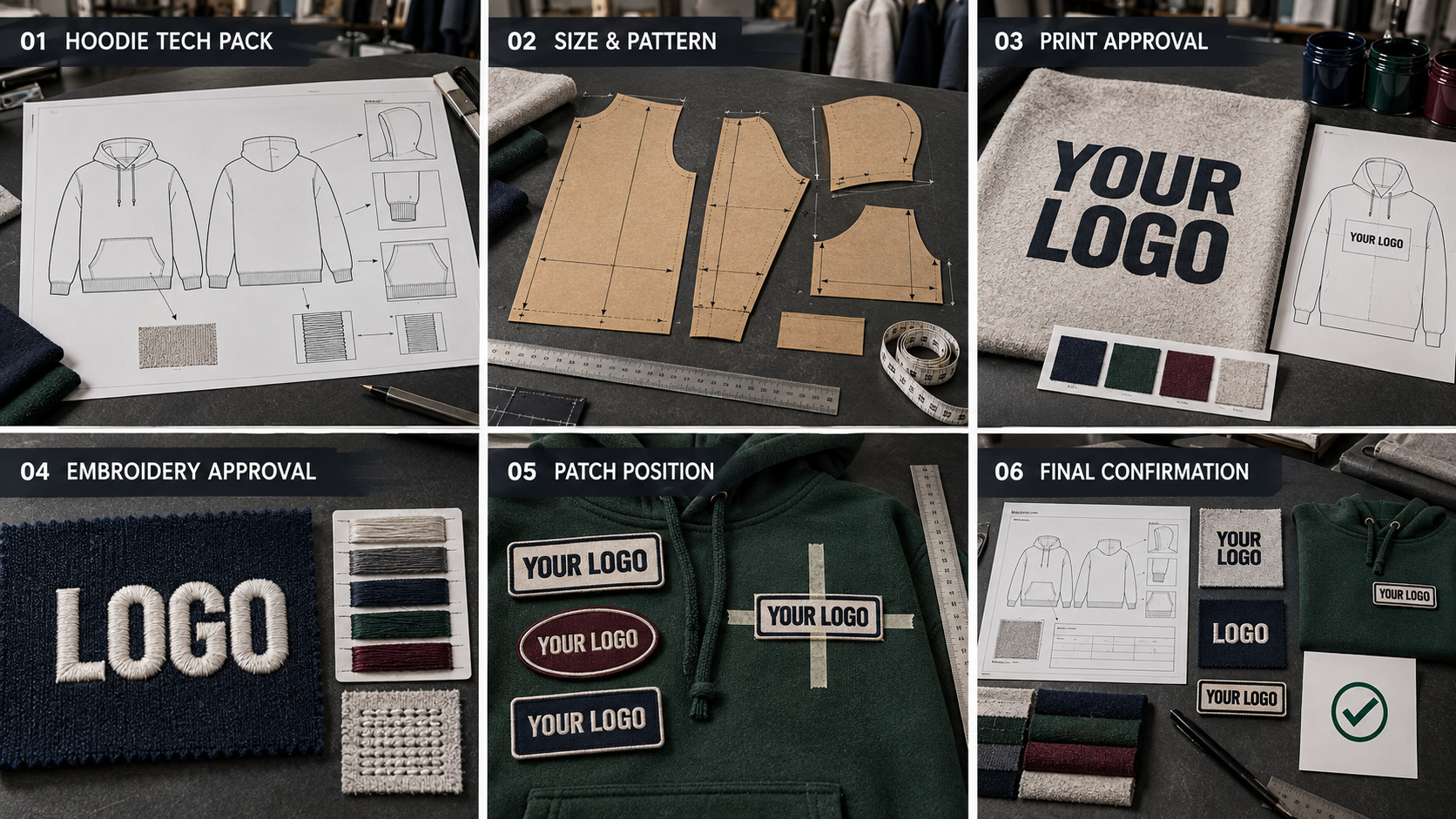 Custom hoodie tech pack, sizing and logo approval workflow.