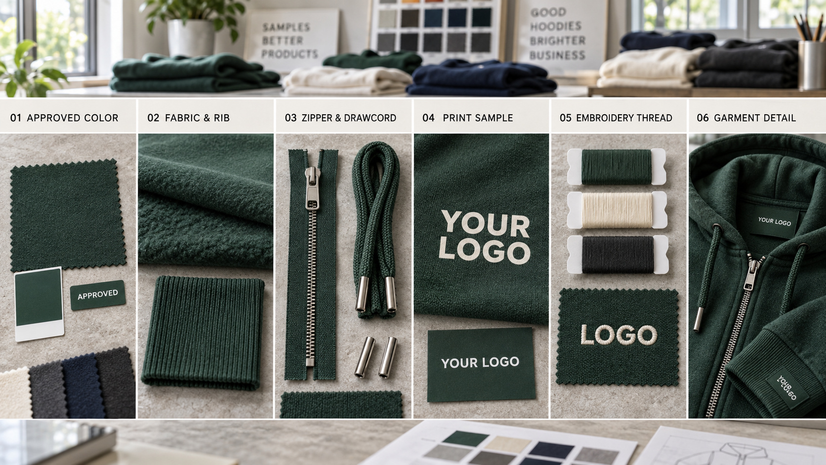 Hoodie color, trims and branding detail confirmation process.