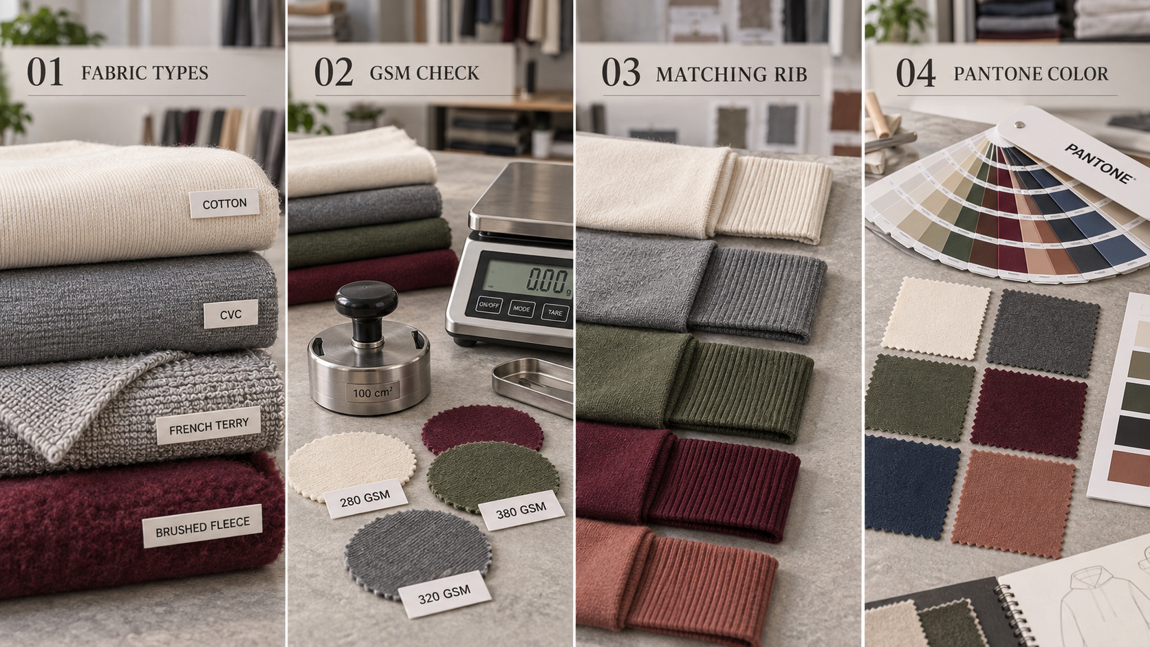 Hoodie fabric, GSM, rib and Pantone color development process.