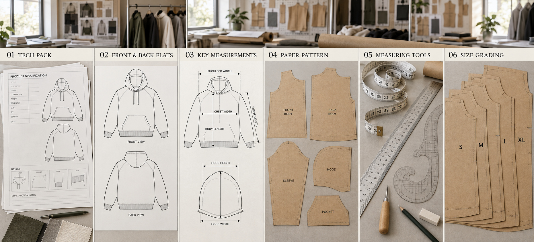 Hoodie fit, pattern and size grading development process.