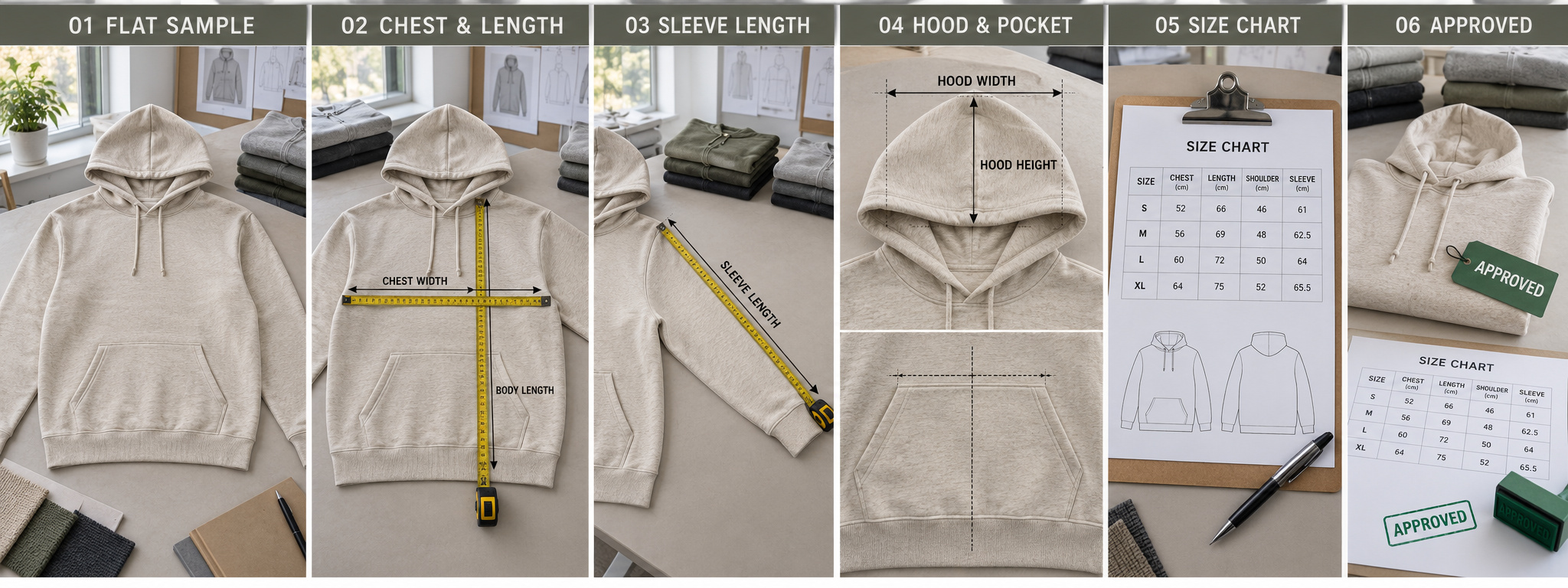 Hoodie sample measurement and size approval process.