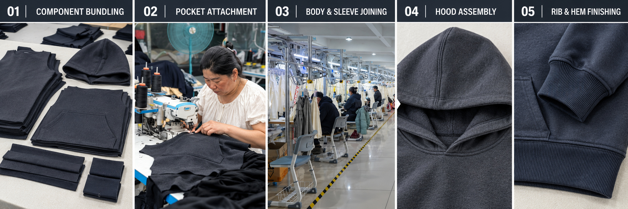 Hoodie sewing and component assembly process