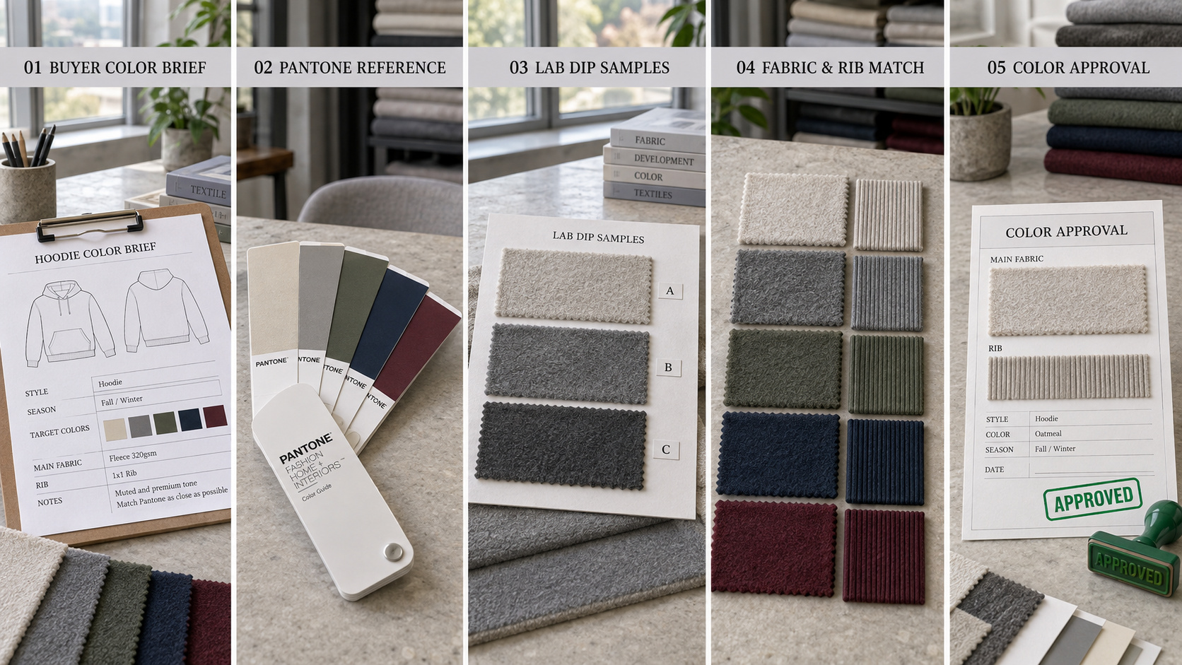 Pantone hoodie color development and fabric approval process.